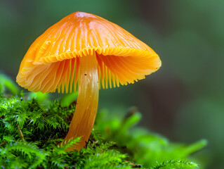closeup of orange wild mushroom growing on moss in forest