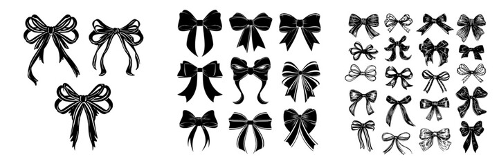 Obraz na płótnie Canvas Modern set of black silhouettes on an isolated background, including ribbons, icons, and decorations, presented as silhouettes of bows on a white background