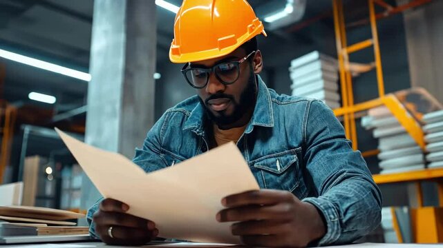 One African man in hardhat analyzing construction plans inside industrial building. Industry worker reading documents, construction blueprint concept.
