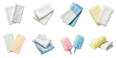 Assorted microfiber cloths and duster rags in various colors isolated on transparent background ideal for cleaning and personal care applications