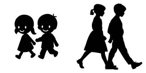 Obraz na płótnie Canvas Children, including a girl and a boy, are depicted walking, playing, and jumping in this modern silhouette collection