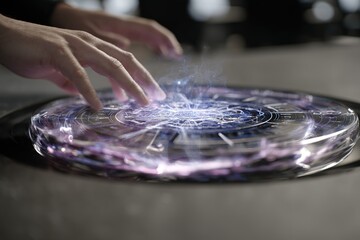 Mysterious glowing portal activated by a hand in a futuristic laboratory setting during the evening hour