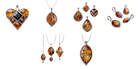 Natural amber jewelry designs featuring intricate craftsmanship with silver inlays, showcasing various shapes including hearts, leaves, and geometric forms, isolated on a transparent background.