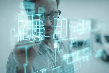 Professional analyzing logistics data with augmented reality technology in modern office environment