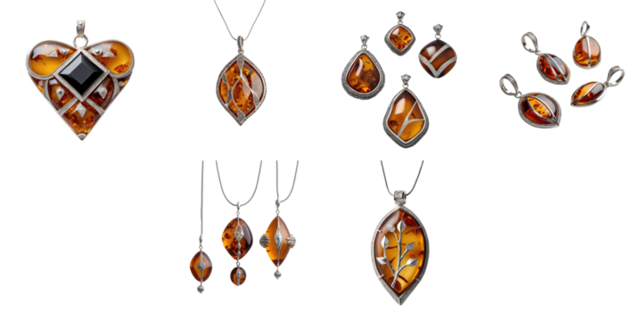 Natural amber jewelry designs featuring intricate craftsmanship with silver inlays, showcasing various shapes including hearts, leaves, and geometric forms, isolated on a transparent background.