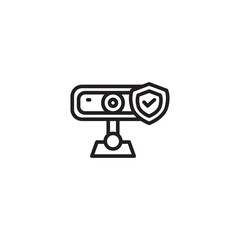 An icon representing a secure webcam or video surveillance, featuring a webcam-like device with a shield bearing a checkmark, symbolizing protected and verified monitoring.