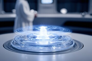 Futuristic laboratory with advanced technology showcasing a glowing energy core in a modern setting