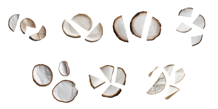 Various pieces of torn paper displayed on a transparent background showing different shapes and sizes with a focus on texture and color variations of the paper