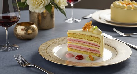 Elegant Dessert Slice with Wine and Floral Arrangement on a Table