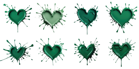 Set of nine artistic splashes forming green heart shapes isolated on transparent background, featuring various styles and textures of paint in vibrant green hues.