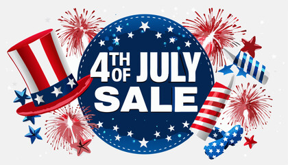 Fourth of july sale fireworks and uncle sams hat burst with patriotic colors