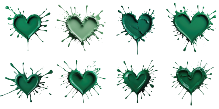 Set of nine artistic splashes forming green heart shapes isolated on transparent background, featuring various styles and textures of paint in vibrant green hues.