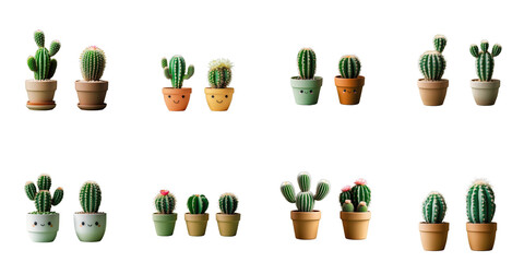 Collection of small potted cacti in various shapes and colors on transparent background with ample empty space for graphic design or product display purposes.