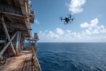 High-tech drone surveys offshore oil platform under blue sky and clear water