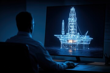 Engineer analyzing a 3D model of an offshore oil rig on a large screen at night