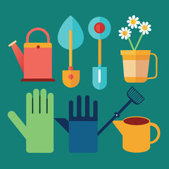 Gardening Tools Icon Set Shovel Rake Gloves