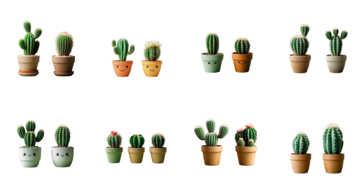 Collection of small potted cacti in various shapes and colors on transparent background with ample empty space for graphic design or product display purposes.