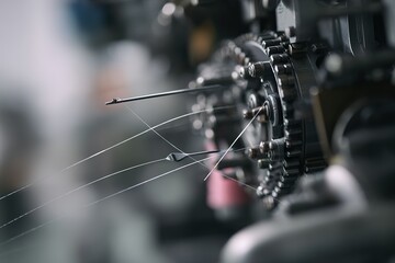 Close-up view of sewing machine components showcasing intricate mechanics and thread tension adjustment in a workshop setting