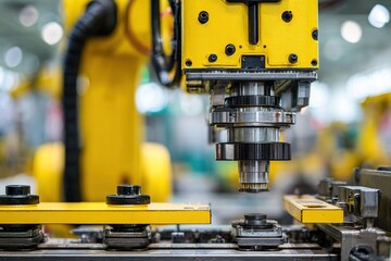 Robotic arm engaged in precision machining at an industrial facility during daytime operations near a production line