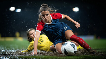 Mud and water spray as a determined female athlete makes a perfectly timed tackle. The raw emotion of the high-stakes match is etched on her focused face.
