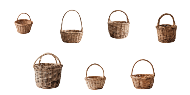 Various sizes of wicker baskets arranged on a transparent background showcasing different designs and textures of woven material