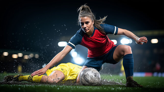 Under dramatic stadium floodlights, a female player's athleticism is on full display during a crucial tackle, capturing the power of professional women's soccer.
