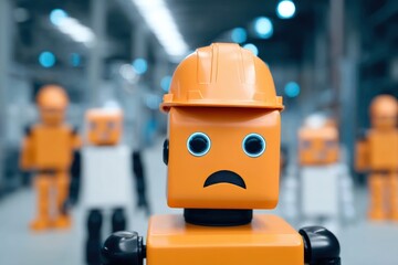 Fototapeta premium A sad orange robot wearing a hard hat stands in focus with other blurred robots in the background inside an industrial setting.