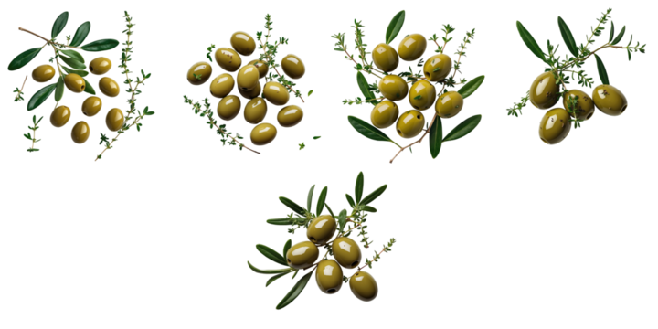 Green giant olives with thyme leaves arranged in clusters isolated on a transparent background highlighting their glossy surface and natural features