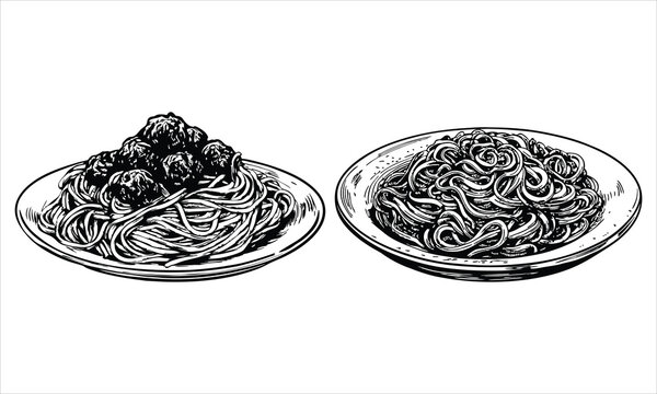 Two plates of spaghetti isolated on white background