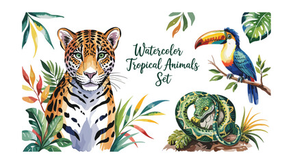 Obraz premium Watercolor Tropical Animals Set: Jaguar, Toucan, and Snake with Green Leaves