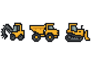 Obraz premium Pixel art construction vehicles: excavator, dump truck, bulldozer in yellow