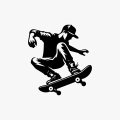 Fototapeta premium Dynamic street skater vector art showcasing gravity-defying trick with flying board and wind-swept stance