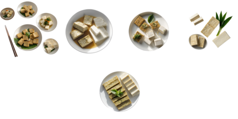 Traditional Indonesian tempeh and tofu displayed in various arrangements on plates, featuring a transparent background for clear isolation and focus on the food items.