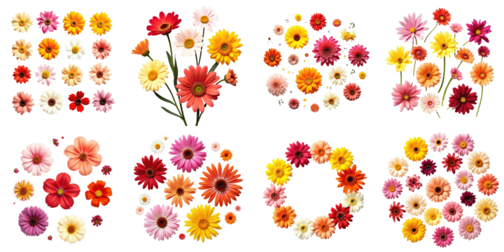 Collection of colorful isolated flowers arranged in various formations on a transparent background featuring daisies and other floral varieties in a flat lay style.