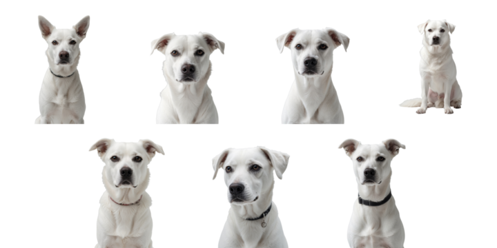 A collection of eight isolated white dog portraits featuring various poses and expressions on a solid transparent background suitable for close-up imagery or animal studies.
