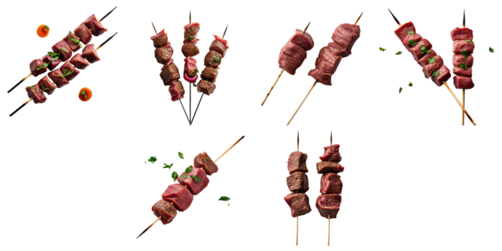 Raw liver skewers arranged on wooden sticks with herbs and tomatoes, showcasing various shish kebabs isolated on a transparent background, representing Turkish cuisine delicacies.