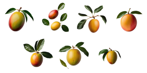 Mango fruit collection with varying colors and leaves isolated on transparent background arranged in multiple positions showcasing natural shapes and textures