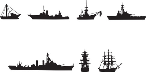Fototapeta premium Vintage Sailing Ship Silhouettes – Black & White Nautical Vector SetOld and Modern Ship Illustrations – Maritime Silhouette CollectionHistoric Sailboat and Cargo Ship Silhouettes – Nautical Vector