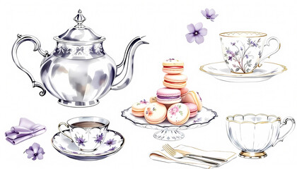 Elegant tea set with lavender accents and macarons for a vintage afternoon tea party.