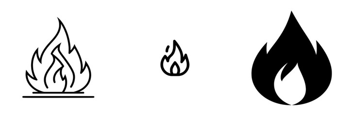 The icon of a fire flame is presented in black, set against a white background, and is characterized by its simplicity, making it suitable for modern web and mobile app design