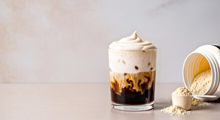 Iced Coffee with Cold Foam Topping, Protein Powder Scoop and Opened Jar  Standing On Surface with Empty Soft Light Colored Background 