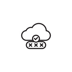 An icon representing secure cloud authentication, featuring a cloud with a checkmark indicating successful verification, positioned above a masked password field (represented by 'X's).