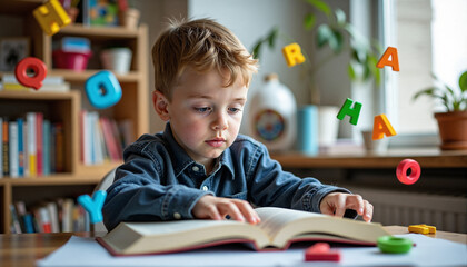 Boy reading a book, alphabet letters floating. Indoors, natural light, focused.
