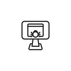 An icon representing a computer infected with malware, featuring a monitor displaying a bug or spider-like symbol, symbolizing a virus or cybersecurity threat.