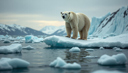 A polar bear standing on a melting iceberg.
