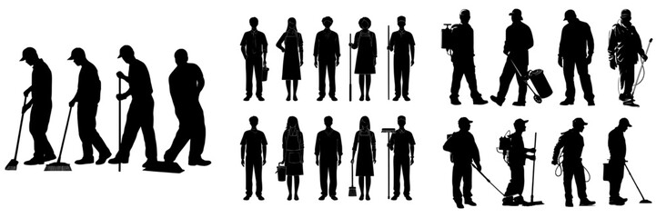 Modern silhouette collection of cleaning service janitor workers