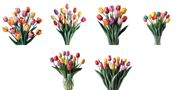 Assorted bouquets of colorful tulips including various shades and arrangements set against a transparent background showcasing the beauty of spring flowers.