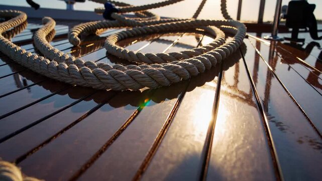 Nautical rope coiling across weathered sailboat planks, catching golden sunlight with maritime texture and nautical grace