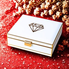 A white diamond box with gold edges is placed on a red cloth background.