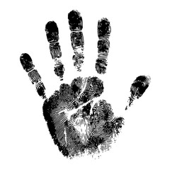 A black ink grunge handprint is depicted, symbolizing a modern icon, with a human palm isolated on a white background in an abstract form